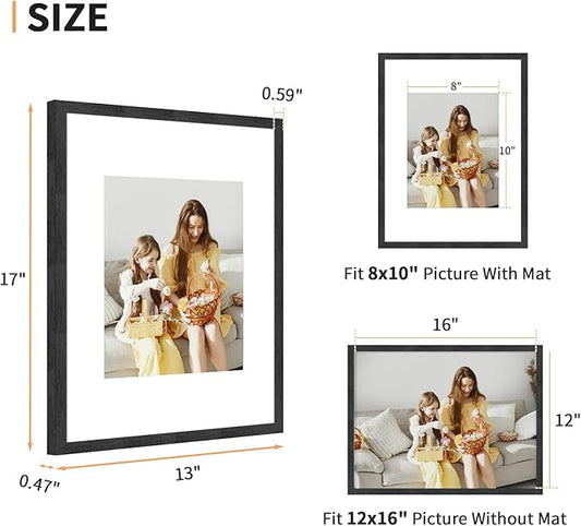 12x16 Picture Frame Set of 4, Displays 8x10 with Mat or 12x16 Without Mat, Photo Frames for Wall Hanging or Tabletop, Includes HD Plexiglass, Black