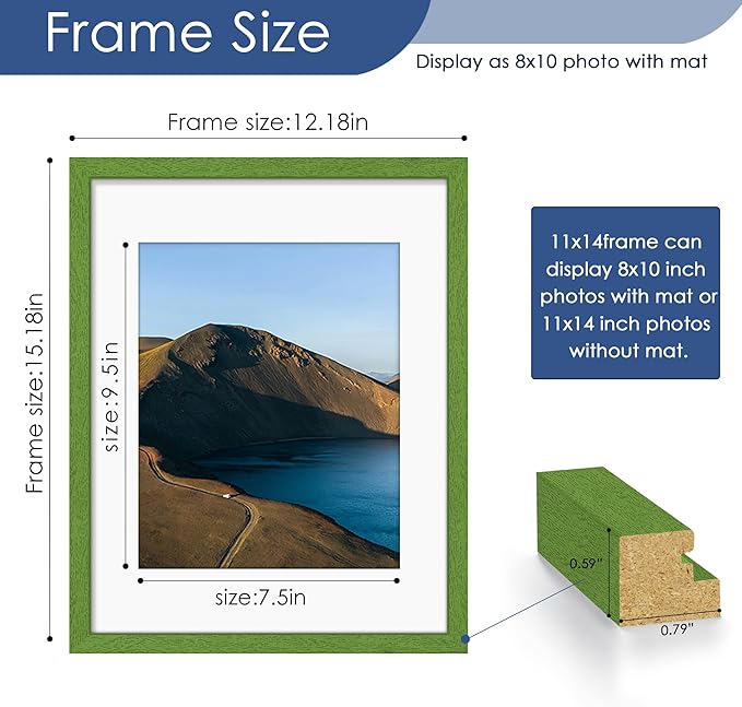 PEALSN 11x14 Picture Frame Set of 6, Display Pictures 8x10 with Mat or 11x14 without Mat for Wall Mounting or Table Top Display, Photo Frames Collage for Wall Decor, Green