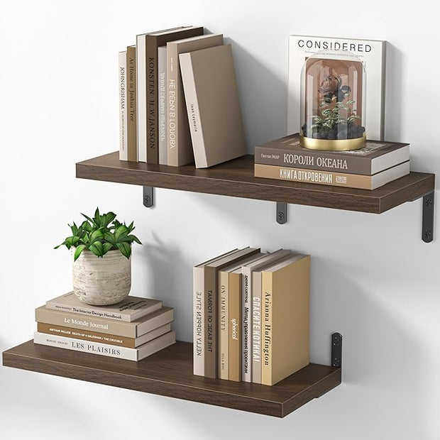 Marsmiles Extra Wide Floating Shelves for Wall, 24x8 Inch Natural Wood Grain Bookshelves, Heavy Duty Mounted Shelving for Bathroom, Kitchen, Living Room, Bedroom,Set of 2，Walnut
