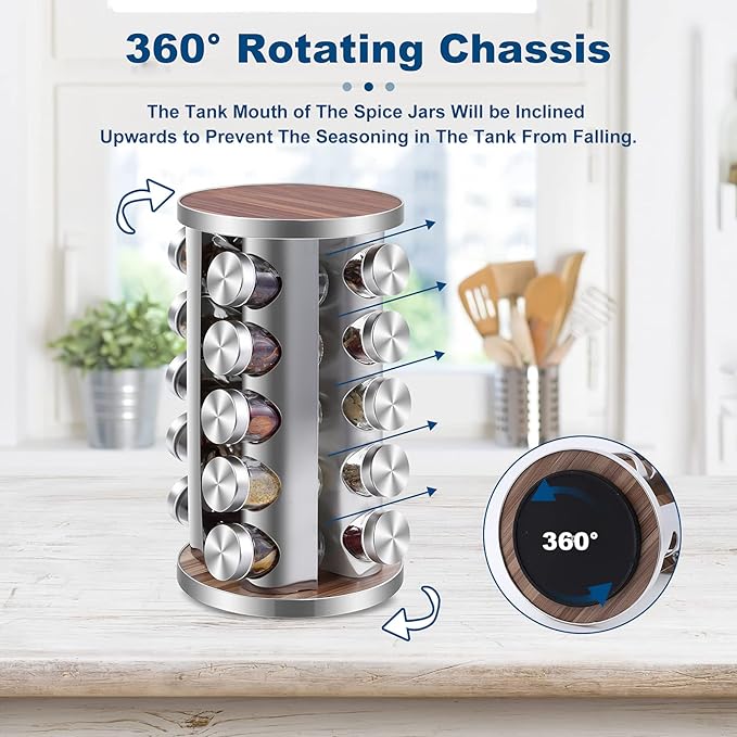 WAYDA Rotating Spice Rack Organizer, 20 Jars Revolving Seasoning Organizer for Cabinet, Stainless Steel Spice Tower for Kitchen Countertop with Reuseable Labels and Funnel