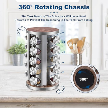 WAYDA Rotating Spice Rack Organizer, 20 Jars Revolving Seasoning Organizer for Cabinet, Stainless Steel Spice Tower for Kitchen Countertop with Reuseable Labels and Funnel