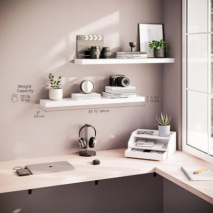 Ballucci Floating Shelves for Wall, 36" Wood Wall Shelf Set of 2, with Invisible Brackets for Bathroom, Living Room, Bedroom, Kitchen, Nursery, 8" Deep, White