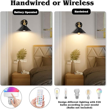 Battery Operated Wall Sconces Set, Wireless Wall Sconces with Dimmable Remote Control, USB Charging, Warm White/Natural White/Daylight/RGB, Wall Lighting for Bedroom, Living Room, Entryway