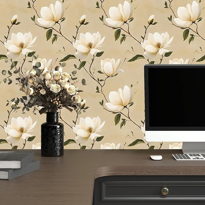 Vintage Floral Peel and Stick Wallpaper Khaki White Flowers Contact Paper 17.5"X118" Vinyl Waterproof Self Adhesive Removable Boho Modern Green Leaf Wall Paper for Cabinets Bathroom Walls Bookcase