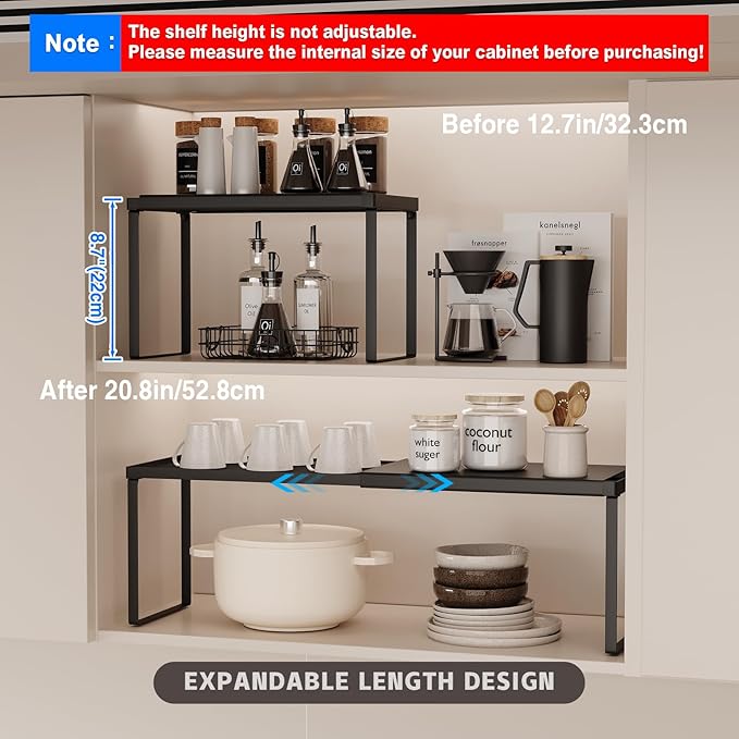 Expandable Cabinet Shelf Organizer, 2 Pack Stackable Kitchen Counter Shelf Riser, Metal Spice Rack Adjustable Heavy Duty Countertop Organizer Storage for Kitchen, Pantry, Cupboard, Rv (Black)