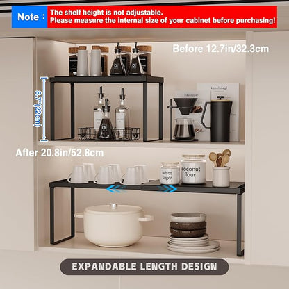 Expandable Cabinet Shelf Organizer, 1 Pack Stackable Kitchen Counter Shelf Riser, Metal Spice Rack Adjustable Heavy Duty Countertop Organizer Storage for Kitchen, Pantry, Cupboard, Rv (Black)