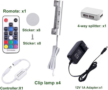 AIBOO LED Under Cabinet Night Lights Kit for Glass Edge Shelf Back Side Lighting Using Flexible Cable and Clip with RF Remote(4 Lights,RGB)