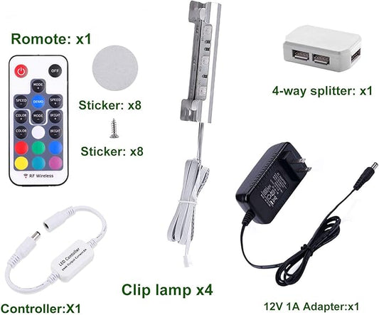 AIBOO LED Under Cabinet Night Lights Kit for Glass Edge Shelf Back Side Lighting Using Flexible Cable and Clip with RF Remote(4 Lights,RGB)