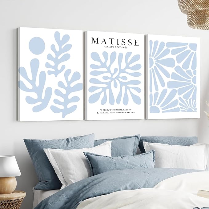 Matisse Flower Wall Art Abstract Minimalist Light Blue Henri Matisse Canvas Posters Prints Aesthetic Pictures Wall Decor Gallery Home Decoration for Bedroom Living Room Framed 12x16 inch