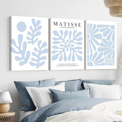 Matisse Flower Wall Art Abstract Minimalist Light Blue Henri Matisse Canvas Posters Prints Aesthetic Pictures Wall Decor Gallery Home Decoration for Bedroom Living Room Framed 12x16 inch
