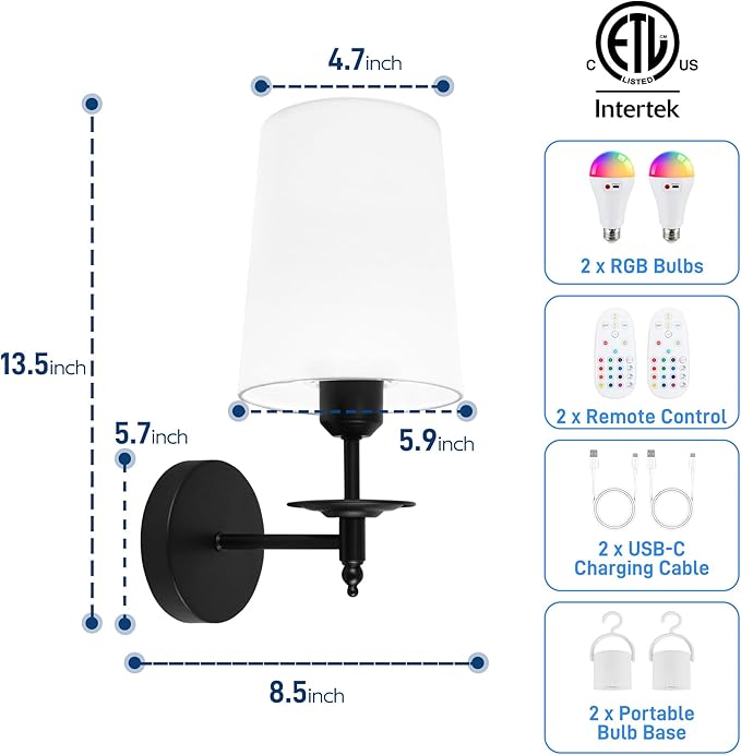 Battery Operated Wall Sconces Set of Two, Wireless Wall Sconces with Remote Control, 3CCT Dimmable Rechargeable Wall Lights, Black Wall Lamps for Bedroom, Living Room, RGB Bulbs Included, ETL Listed