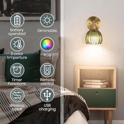 Vintage Wall Sconce Set of Two, Battery Operated Wall Sconce with Deep Green Tulip Glass Lampshade Rechargeable Wall Light with Remote Control for Bedroom,Living Room, Hallway, Aisle