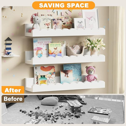 Yirilan 3-Pack Scalloped Shelves, Nursery Shelves for Wall, Floating Nursery Book Shelves for Kids, White