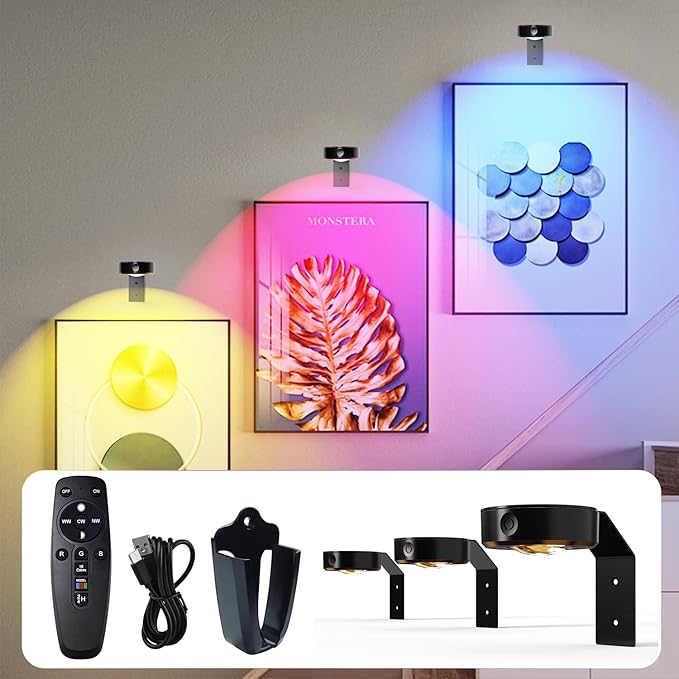 Starxing 3 Pack Picture Lights for Wall, 2000mAh Battery Magnetic Led Painting Light with Remote, Dimmable and Timer, 16 RGB Colors, Cordless Art Display Light for Wall Decor Frames (Black)