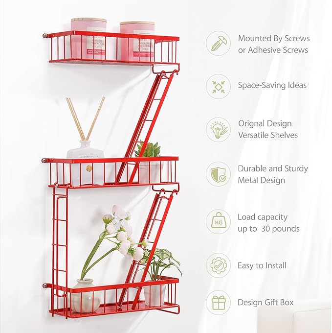 Fire Escape Wall Shelf Red - New York Wall Art Decorative Figure Display Floating Shelves Metal Racks for Living Room, Home Office Storage (3-Tier)