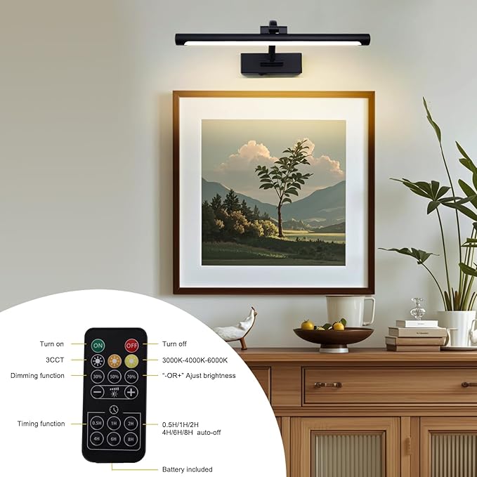 Black Picture Lights Battery Operated 16” Frame Light Rechargeable Gallery Lighting Remote Wireless Art Light for Painting Dimmable Display Lights with Timer Wall Sconce for Portrait Dartboard