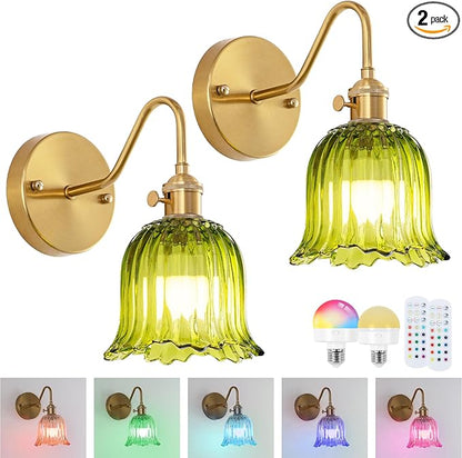 Vintage Battery Operated Wall Sconces Set of Two, RGB Dimmable LED Wall Light with Remote Control, Green Glass Lampshade Wall lamp with 15 Colors for Bedroom, Living Room, Home Decor