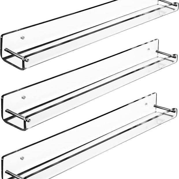 AMT 3 Pack Acrylic Floating Shelves, 15 L x 1.8 W, Clear Bathroom Wall Shelf, Bookshelves, Invisible Display for Office, Bedroom, Small Gap Allows Water to Escape, Free Screws & Drill Bit (Small)