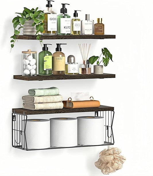 Floating Bathroom Shelves Wall Mounted - Wooden Shelf Set of 3 for Over Toilet Storage & Farmhouse Bathroom Decor - Perfect Shelving Organizer for Apartments RVs Powder Room Restroom - Rustic