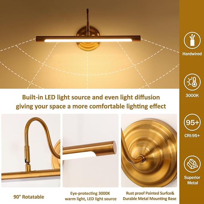 Curator-Grade Picture Light｜14" Solid Brass Anti-Glare｜95CRI True-Color｜90° Precision Lighting｜3000K Warm for Oil Paintings & Reliefs
