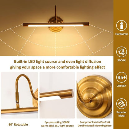 Curator-Grade Picture Light｜14" Solid Brass Anti-Glare｜95CRI True-Color｜90° Precision Lighting｜3000K Warm for Oil Paintings & Reliefs