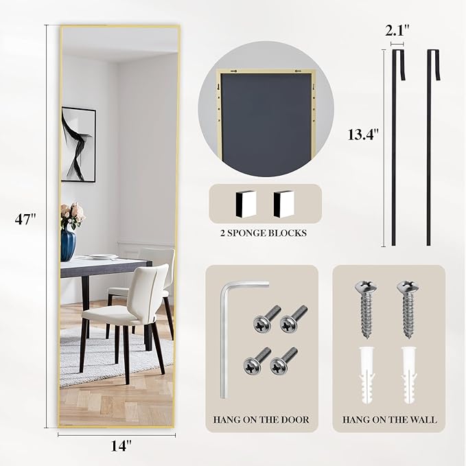 DUMOS 47x14 Full Length Mirror Over The Door, Wall Mounted Full Body Mirror, Door Hanging Metal Aluminum Alloy Frame Dressing Mirror for Bedroom, Living Room, Entryway, Gold