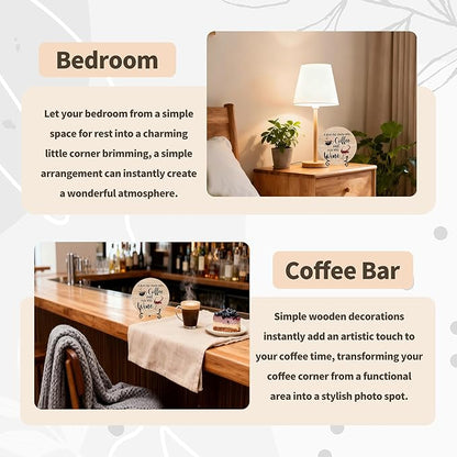Coffee And Wine Desk Decor Sign, Rustic Funny Wooden Box Plaque, A Good Day Starts With Coffee And Ends With Wine Wood Sign, Decor For Home Kitchen Tabletop, Wooden Round With Stand-06