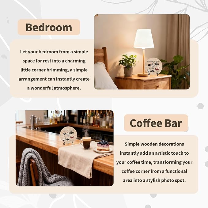 Coffee And Wine Desk Decor Sign, Rustic Funny Wooden Box Plaque, A Good Day Starts With Coffee And Ends With Wine Wood Sign, Decor For Home Kitchen Tabletop, Wooden Round With Stand-06