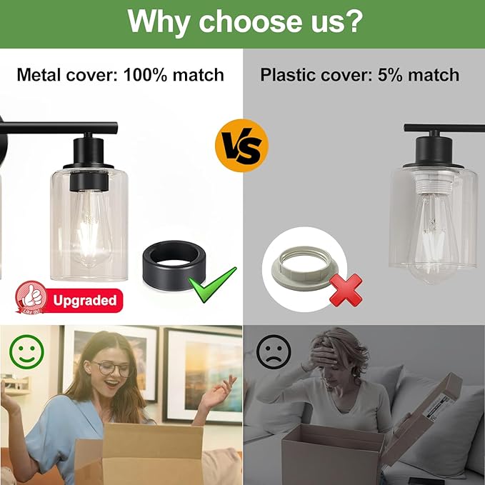 2-Light Bathroom Light Fixtures, Black Modern Vanity Lights with Clear Glass Shade, Bathroom Wall Lamp for Mirror Kitchen Living Room Hallway Cabinet Porch