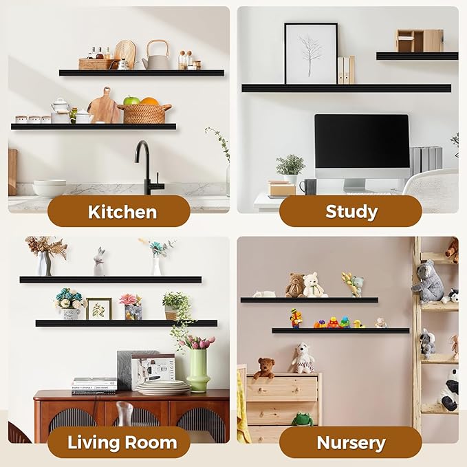 Muzilife 35.4 Inch Large Floating Shelves - Set of 2 Rustic Wood Floating Shelves - Wall Mounted Long Picture Ledge for Bathroom, Bedroom, Living Room, Black, U Shape