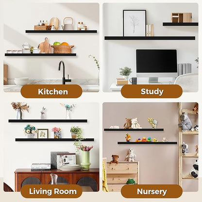 Muzilife 35.4 Inch Large Floating Shelves - Set of 2 Rustic Wood Floating Shelves - Wall Mounted Long Picture Ledge for Bathroom, Bedroom, Living Room, Black, U Shape