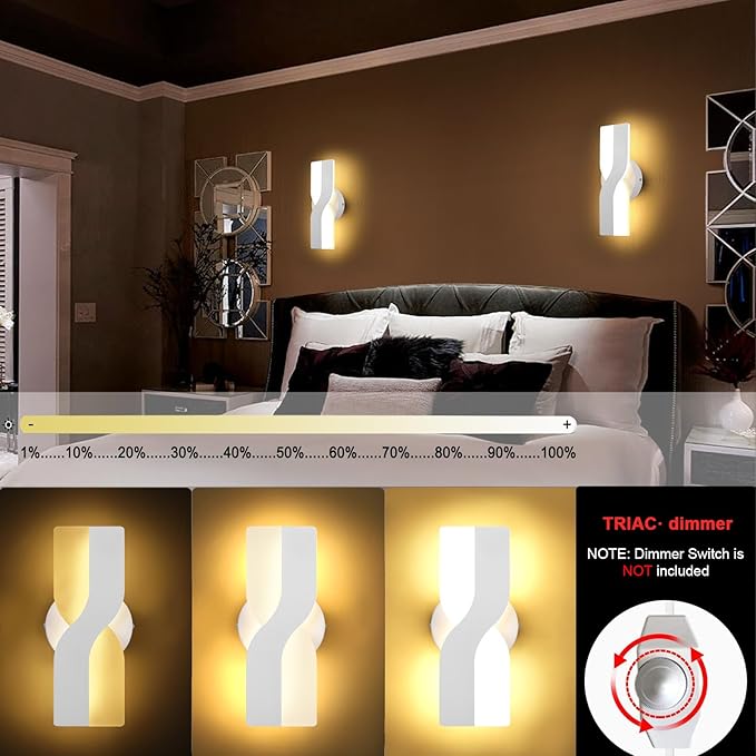 Kawell 12W Minimalist LED Wall Light 1%-100% Dimming Modern Wall Sconce Hardwired Indoor Wall Lamp Square for Bedside Hallway Study Kitchen, White 3000K