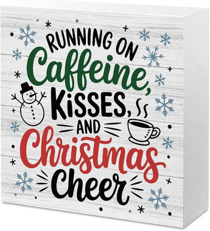 Christmas Coffee Decor Christmas Sign Coffee Bar Station Decorations for Home Running On Caffeine Kisses Sign for Home Office Desk Table Cubicle Shelf Xmas Desk Accessories 5 x 5 inch