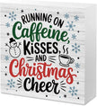 Christmas Coffee Decor Christmas Sign Coffee Bar Station Decorations for Home Running On Caffeine Kisses Sign for Home Office Desk Table Cubicle Shelf Xmas Desk Accessories 5 x 5 inch