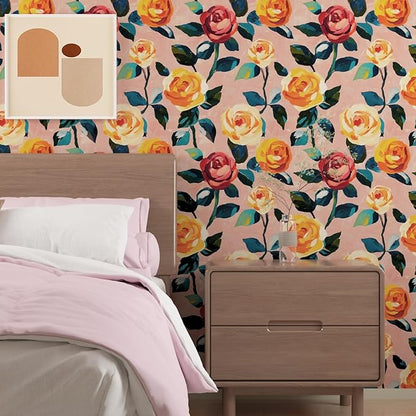 Pink Floral Wallpaper Peel and Stick, Watercolor Orange/Yellow Rose Contact Paper 17.5" x 118", Boho Wall Paper Self Adhesive Waterproof Removable for Girl Bedroom Shelves Cabinet Drawer Table Decor