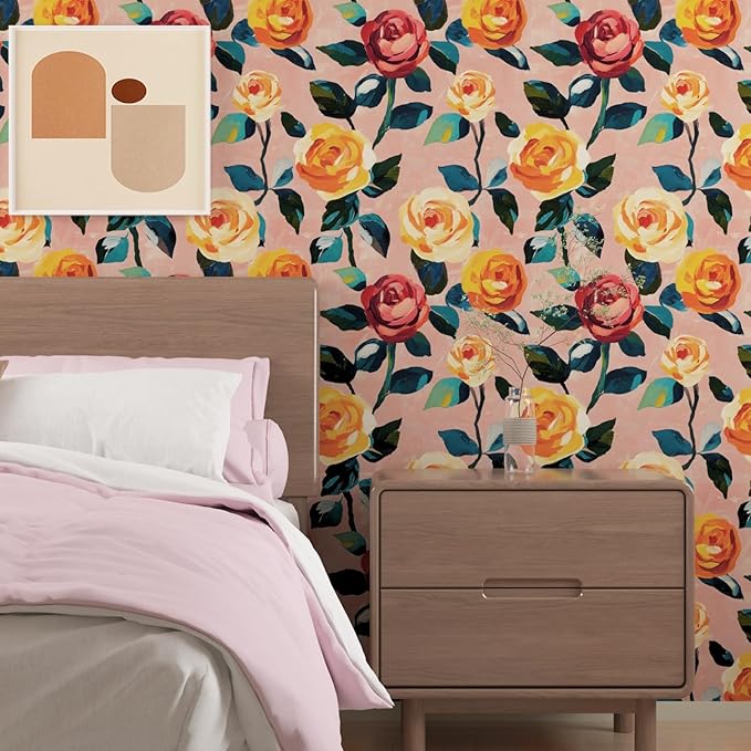 Watercolor Floral Wallpaper Peel and Stick, Pink/Orange/Yellow Rose Contact Paper 17.5" x 393", Boho Wall Paper Self Adhesive Waterproof Removable for Girl Bedroom Shelves Cabinet Drawer Table Decor