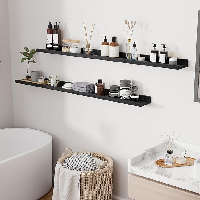 RICHFOCUS Floating Shelves for Wall, 55 inch Solid Wood Picture Ledge Shelf for Wall Storage, Nursery Book Shelves with Lip for Living Room Bathroom Bedroom Kitchen, Set of 2, Distressed Black