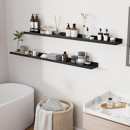 RICHFOCUS Floating Shelves for Wall, 55 inch Solid Wood Picture Ledge Shelf for Wall Storage, Nursery Book Shelves with Lip for Living Room Bathroom Bedroom Kitchen, Set of 2, Distressed Black