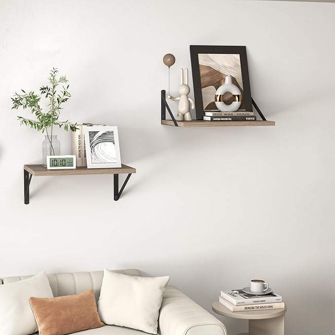 Heimlove Deep Floating Shelves for Wall, 16W x 12D Rustic Grey Wood Wall Shelves Set of 2, Large Floating Shelf for Living Room, Kitchen, Office, Bedroom and Decor Storage, with Metal Bracket - Grey