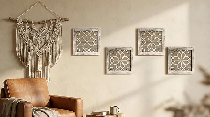 Boho Wall Mirror Decor, Set of 2 Rustic Farmhouse Accent Mirror 12x12 Inch, Square Shatterproof Vintage Style Mirrors for Wall, Small Decorative Mirrors for Living Room, Bedroom(Grey)