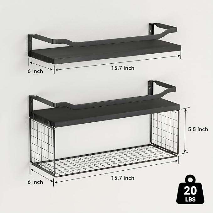 WOPITUES Floating Shelves with Wire Storage Basket, Bathroom Shelves Over Toilet with Protective Metal Guardrail, Wood Wall Shelves for Bathroom, Bedroom, Living Room, Toilet Paper-Black