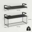 WOPITUES Floating Shelves with Wire Storage Basket, Bathroom Shelves Over Toilet with Protective Metal Guardrail, Wood Wall Shelves for Bathroom, Bedroom, Living Room, Toilet Paper-Black