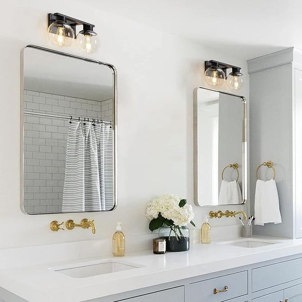 PAZALA 2-Lights Black Bathroom Vanity Lights, Modern Bathroom Lighting Fixtures with Globe Glass Shade, 14in Matte Black Wall Lamp for Bath Over Mirror Kitchen Living Room Hallway Cabinet Porch
