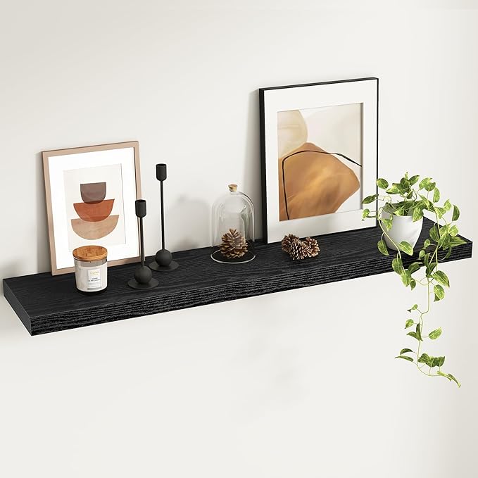 Fun Memories Floating Shelves - 9.3 Inch Deep Wall Shelf for Decor & Storage - Wall Mounted Display Shelving with Invisible Heavy-Duty Metal Bracket - 48" W x 9.3" D x 1.5" H - Set of 1 - Rustic Black