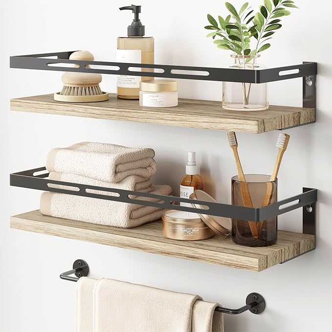 YGEOMER Floating Shelves for Bathroom Organizer Over Toilet, Wall Mounted Bathroom Shelves with Towel Bar, Wall Shelf for Bedroom Kitchen Living Room Storage (Rustic Brown-Black)