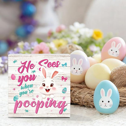 Funny Easter Bunny Sign Bathroom Decor Easter Bunny Bathroom Desk Accessories Bunnys Bowknot Egg Decorations Indoor for Toilet Shelves He Sees You When You'Re Signs 5 X 5 Inch