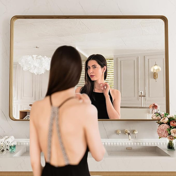 LOAAO 55X30 Inch Bathroom Mirror with Wood Grain Colored Metal Frame, Rounded Rectangle Metal Framed Bathroom Mirror, Anti-Rust, Hangs Horizontally or Vertically, Tempered Glass