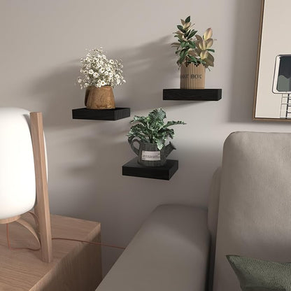 Small Floating Shelves for Wall - 6 Inch Mini Square Black Shelves for Bedroom, Living Room, Bathroom, Kitchen, Office Decor Set of 3