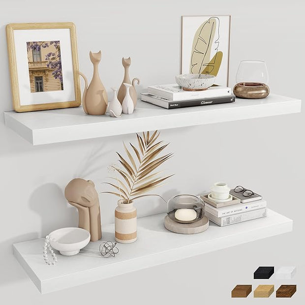 Fun Memories 12 Deep Floating Shelves, 40W x 12D Floating Shelves for Wall Set of 2, Extra Deeper Hanging Wood Shelves for Wall for Living Room Kitchen Laundry Room Kitchen Home Office - White