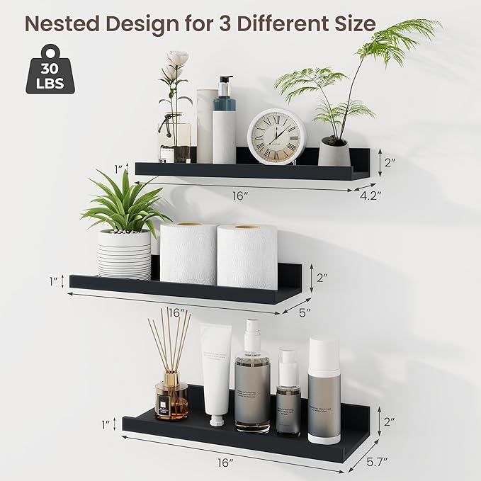 Axeman Picture Ledge Shelf | 16 Inch Black Floating Shelves Set of 3 | Rustic Wood Wall Shelves with Lip | 16